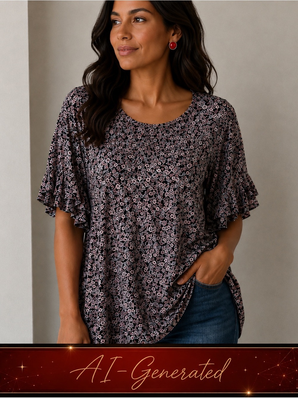 Emma Woman's Plus Size Stretch Knit Tunic Blouse Floral Design Ruffled Sleeve